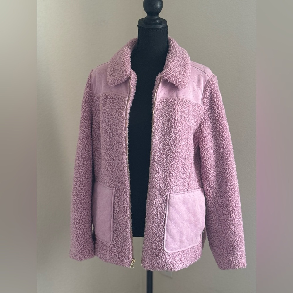 Isaac Mizrahi Live Faux Suede & Faux Shearling Teddy Coat pink size medium